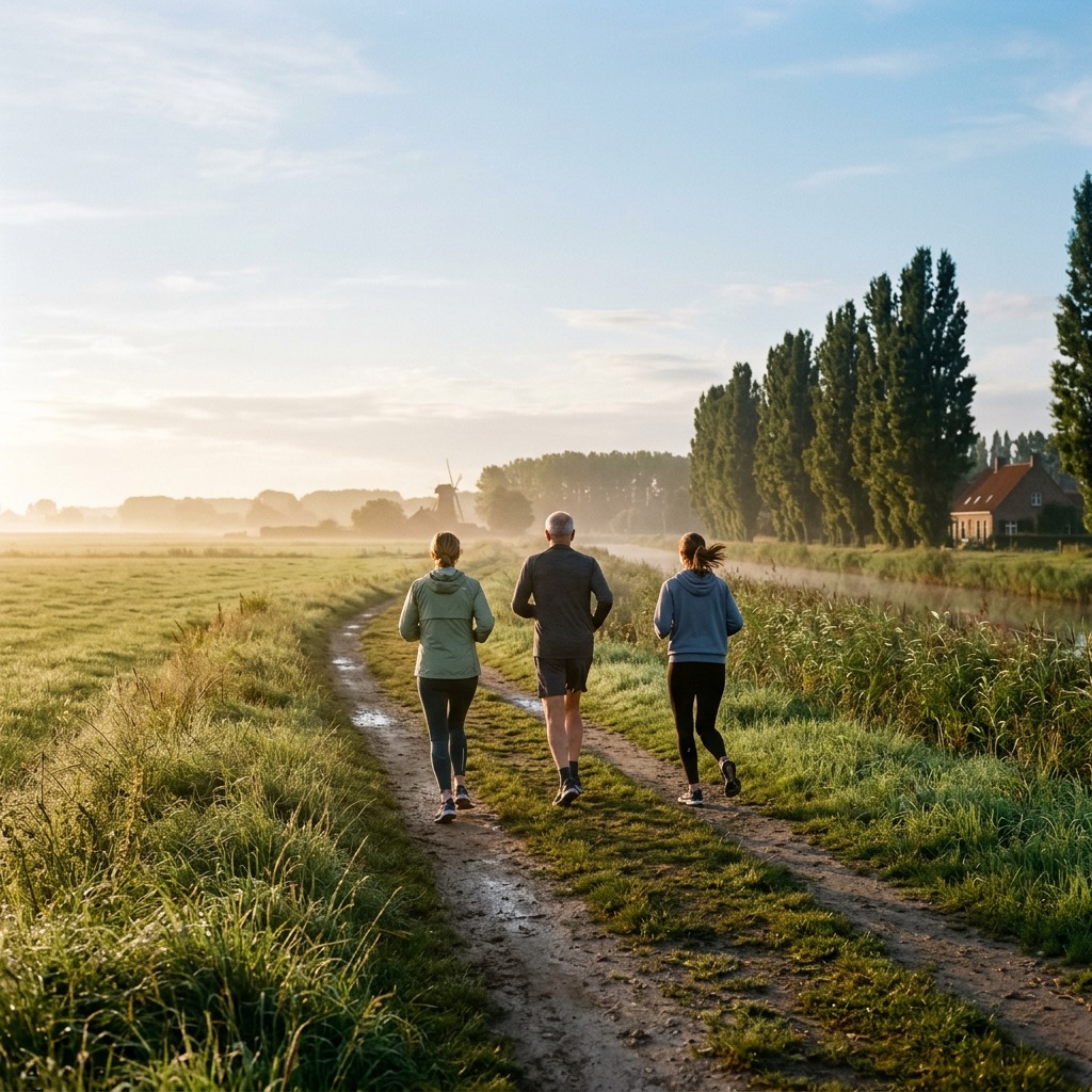 Drie lopers op een veldweg door de polder bij zonsopgang, met lichte mist