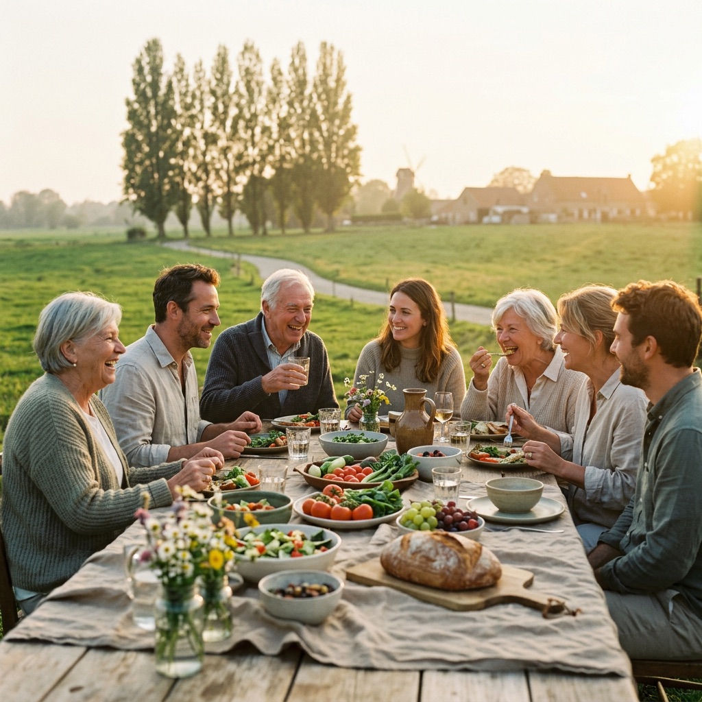 Familie en vrienden die samen eten aan een lange tafel buiten in de polder bij golden hour